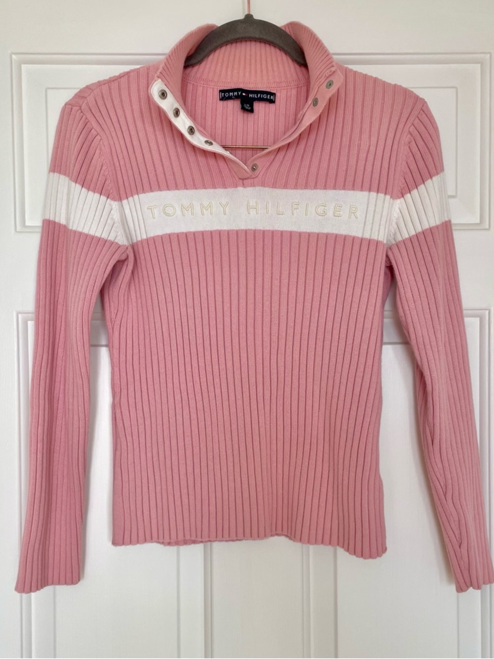 Tommy Hilfiger Ribbed Logo Sweater in Pink with White Stripe Size L
